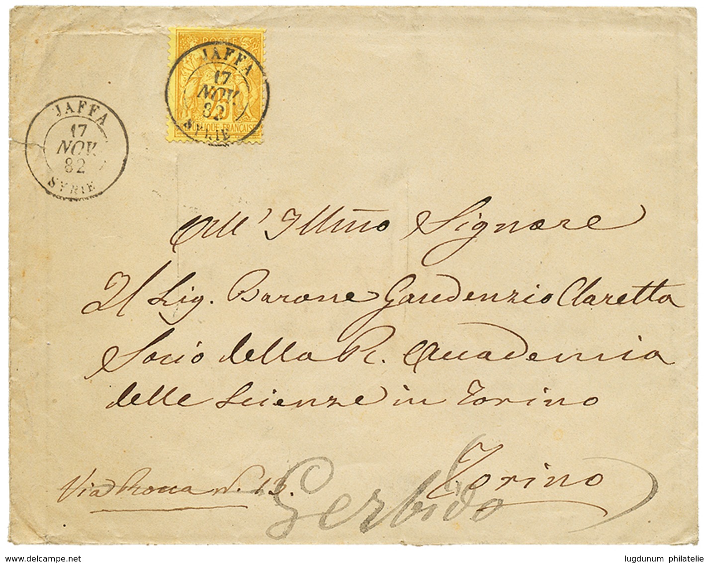 "JAFFA" : 1882 25c SAGE Obl. JAFFA SYRIE Sur Enveloppe Pour TORINO (ITALIE). TB. - Andere & Zonder Classificatie
