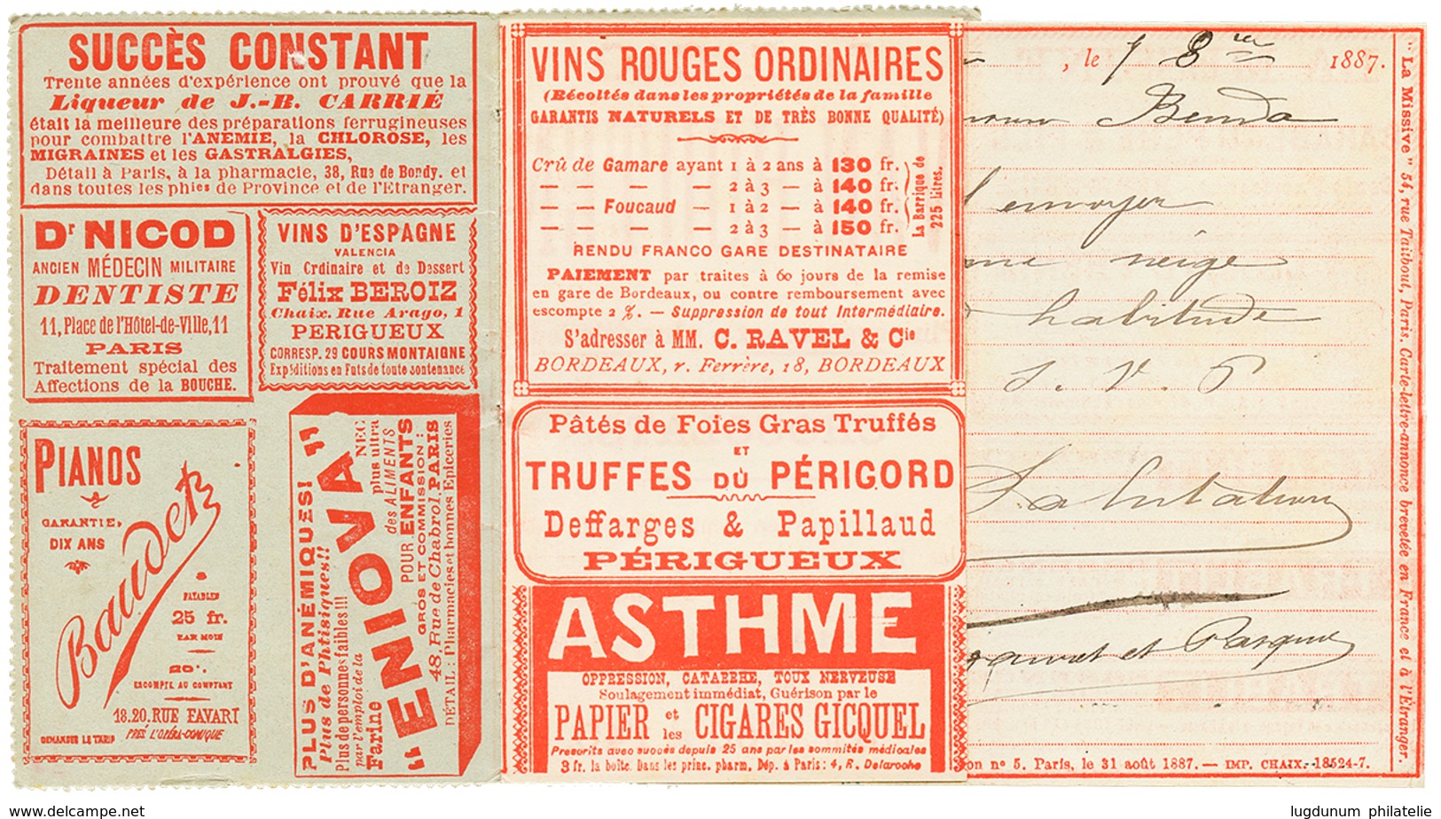 1887 CARTE LETTRE ANNONCES 15c "VENDU 5 CENTIMES" Obl. PARIS . Rare Complet. TB. - Autres & Non Classés