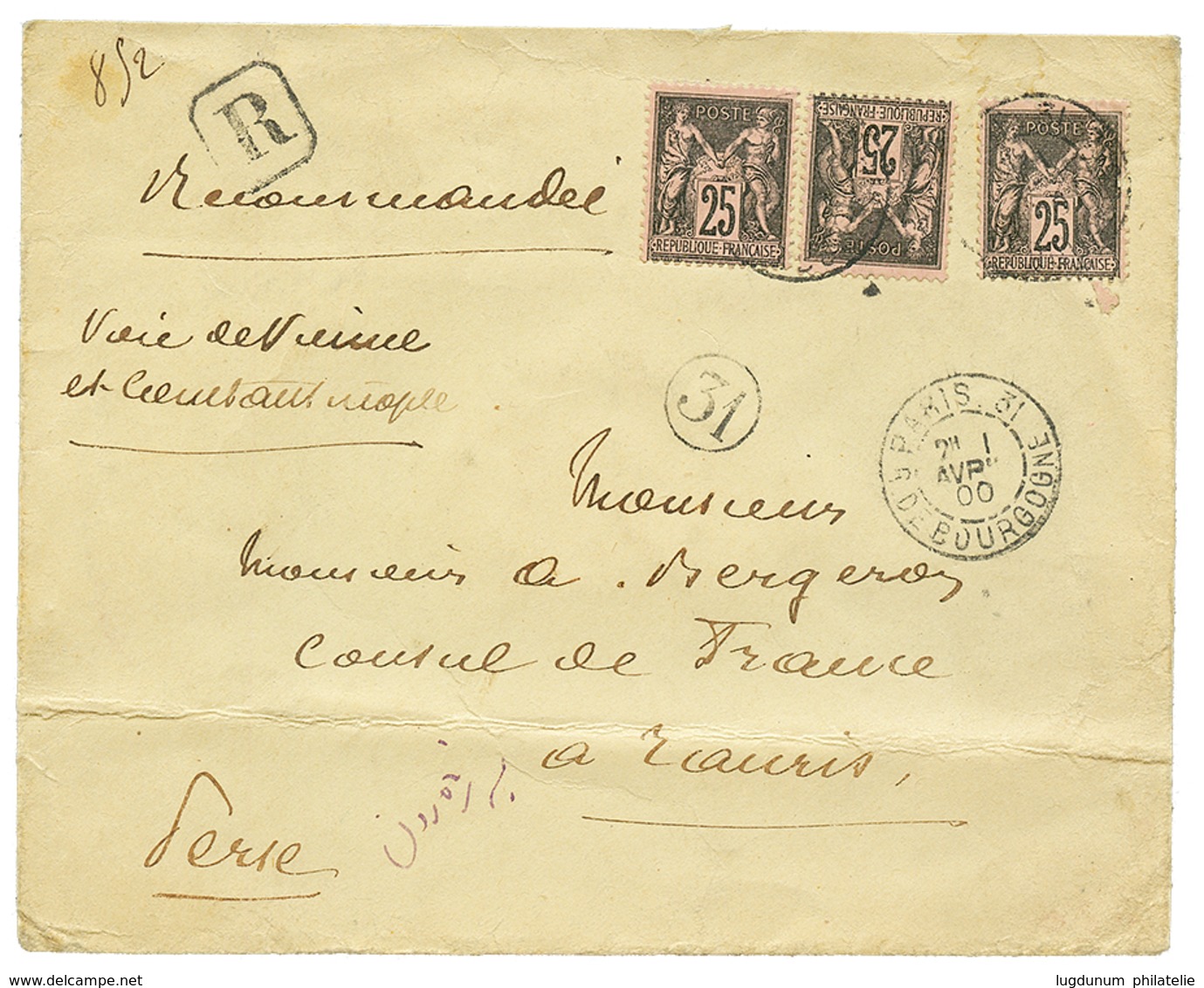 "Destination IRAN" : 1900 25c SAGE(x3) Sur Env(pli) RECOMMANDEE De PARIS Pour TAURIS (PERSE). TB. - Autres & Non Classés