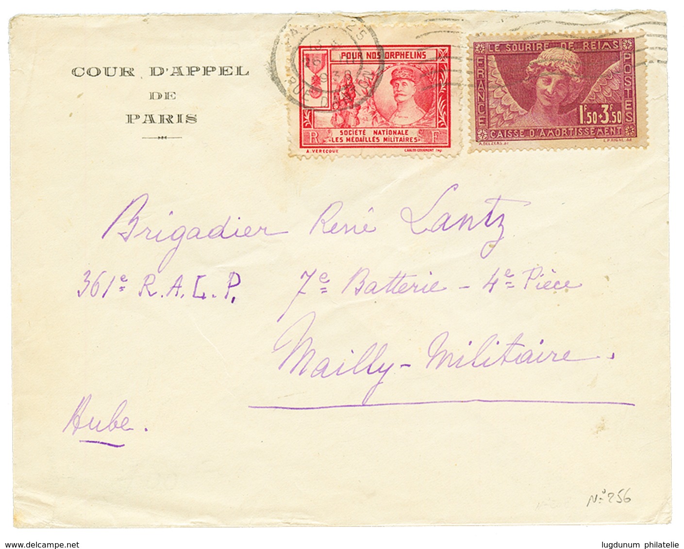 1938 1F50 + 3F50 (n°256) + Vignette "ORPHELINS" Obl. Sur Lettre De PARIS. Rare. Cote 230€. TTB. - Otros & Sin Clasificación