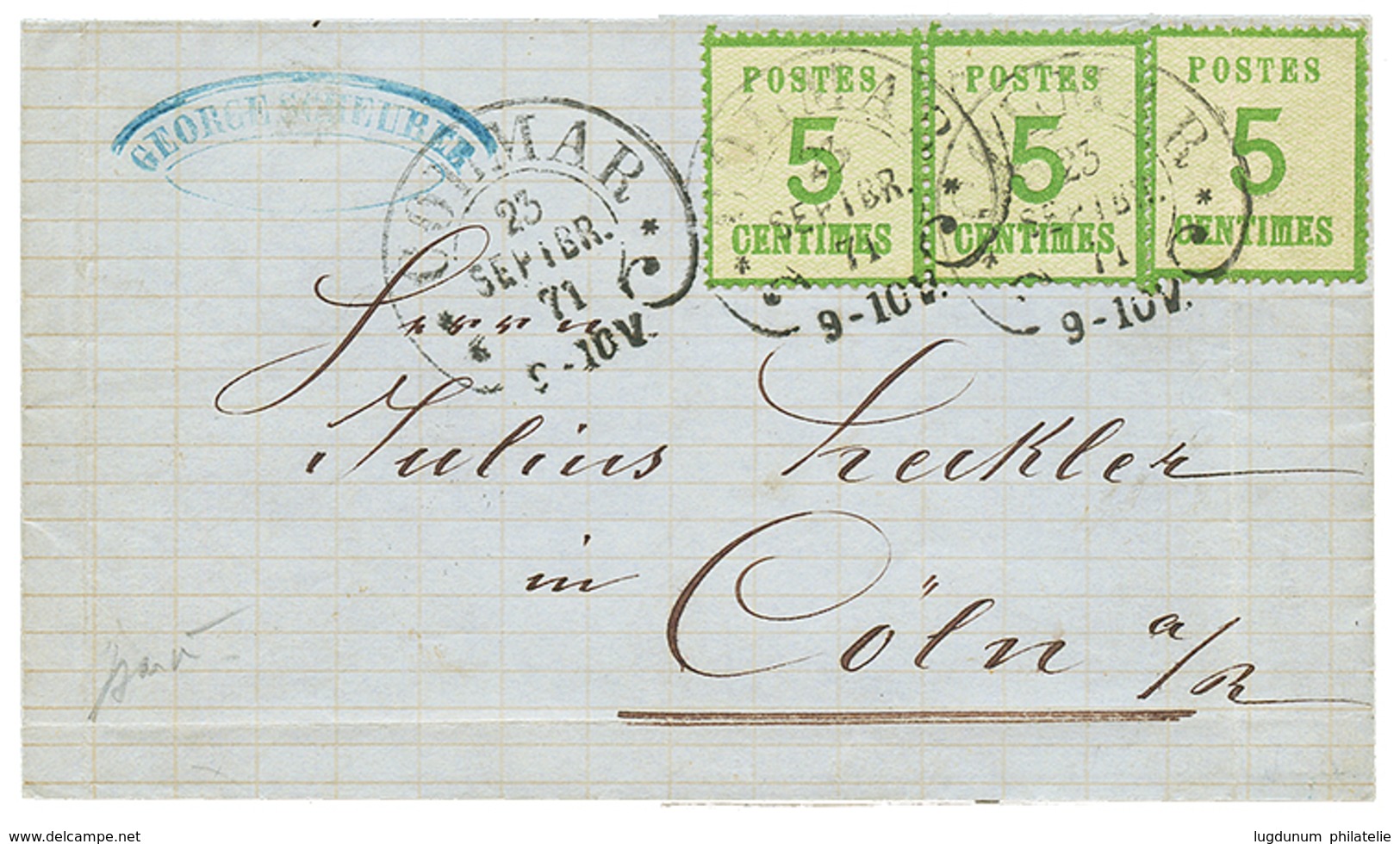 1871 5c(x3) Obl. COLMAR Sur Lettre Pour CÖLN. Trace De Pli Imperceptible Sur Un Timbre. TTB. - Andere & Zonder Classificatie