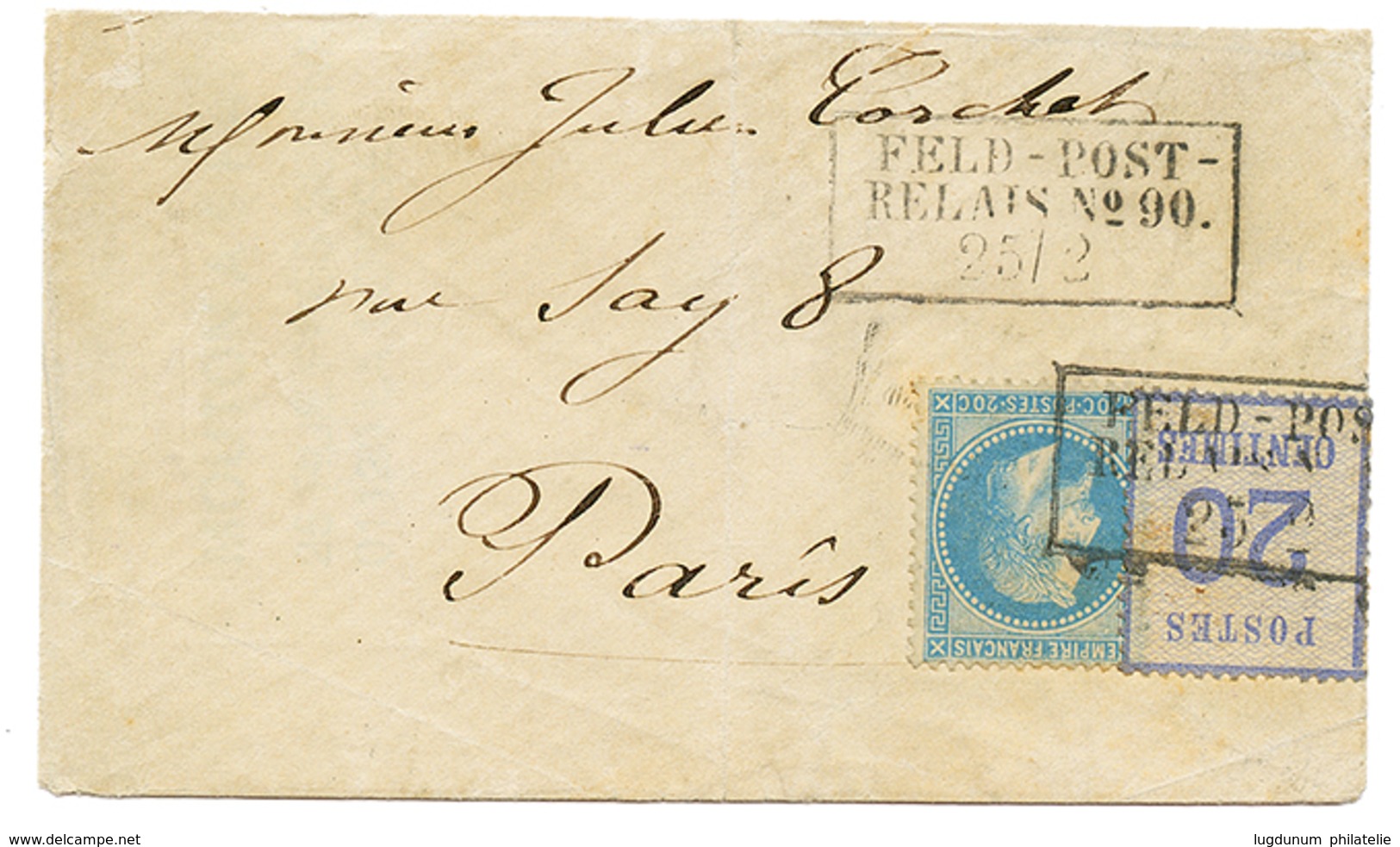 FRANCE 20c(n°29) + ALSACE LORRAINE 20c Obl. FELD-POST/RELAIS N°90 Sur Env(pd) Pour PARIS. Oblitération Rare Sur Timbre D - Autres & Non Classés