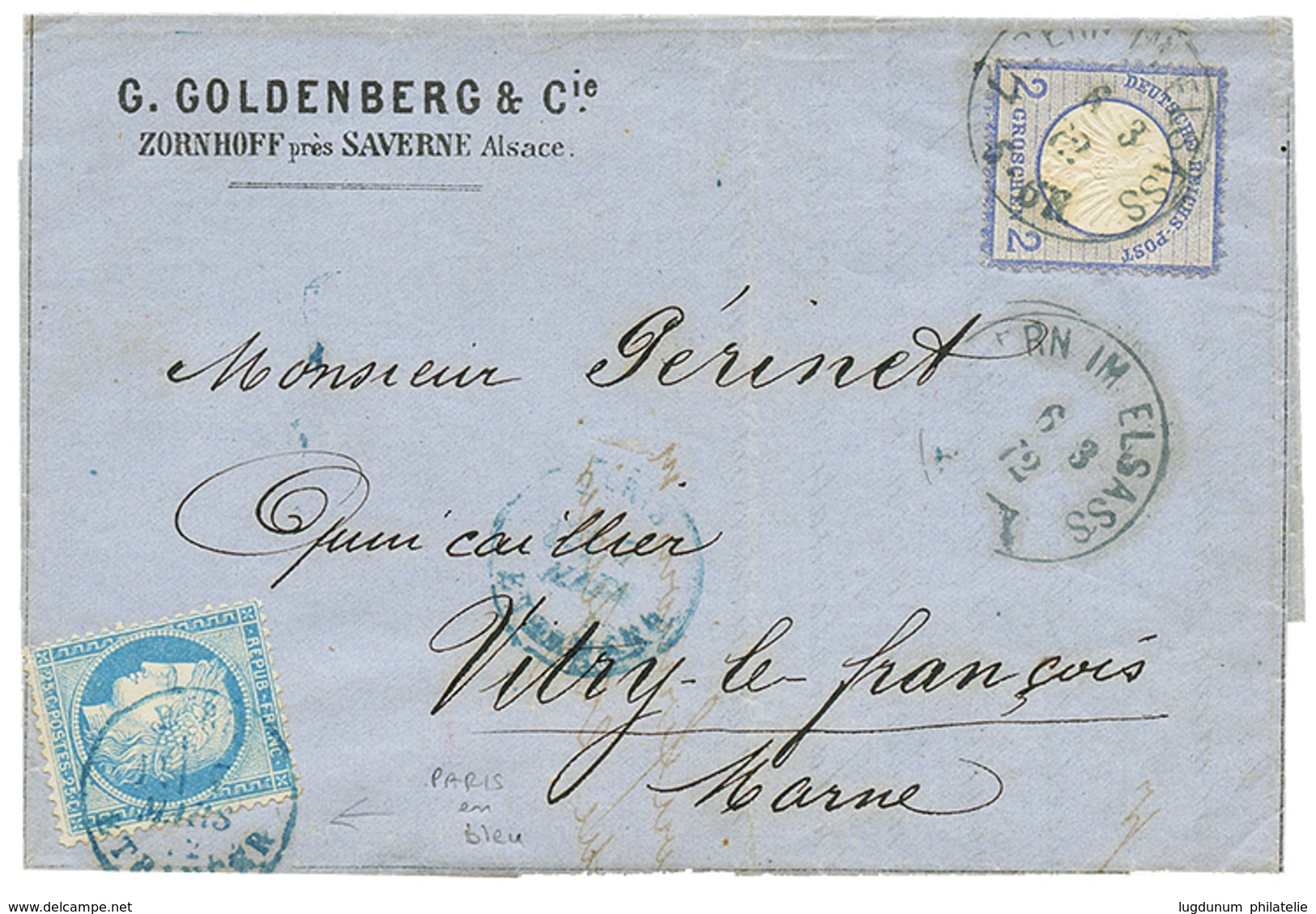1872 FRANCE 25c(n°60) Obl. Cachet Bleu PARIS ETRANGER + ALLEMAGNE 2g Obl. ZABERN Sur Lettre De SAVERNE Pour VITRY LE FRA - Autres & Non Classés