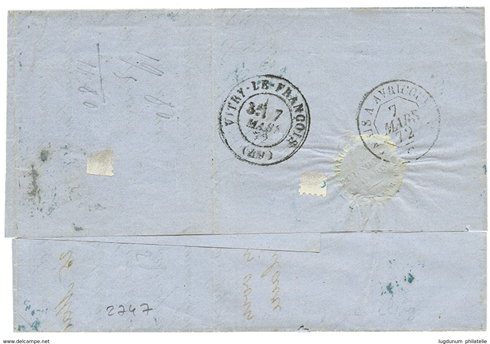 1872 FRANCE 25c(n°60) Obl. Cachet Bleu PARIS ETRANGER + ALLEMAGNE 2g Obl. ZABERN Sur Lettre De SAVERNE Pour VITRY LE FRA - Autres & Non Classés