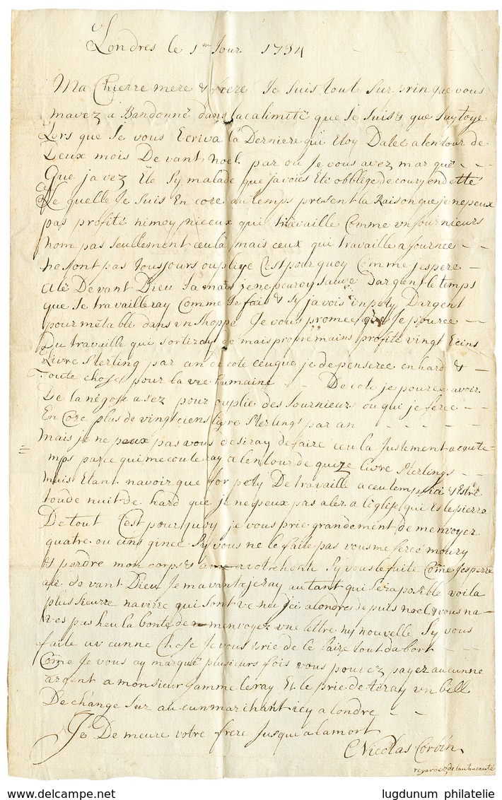 1734 Lettre Avec Texte Daté De LONDRES Pour ST PIERRE DU BOIS, GUERNESEY. Superbe. - 1701-1800: Voorlopers XVIII