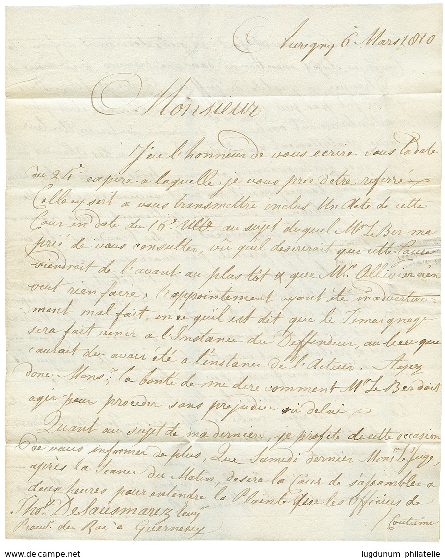 "ALDERNAY" : 1810 Taxe "2" Sur Lettre Avec Texte En Français Daté "AURIGNY" Pour GUERNESEY. Origine RARE. TTB. - 1701-1800: Précurseurs XVIII