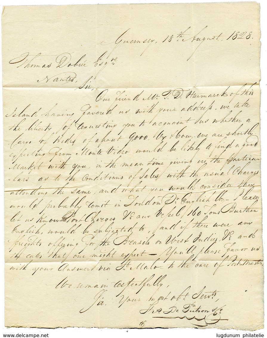 1828 P.34.P ST MALO + GRANDE BRETAGNE PAR ST MALO + "PORT-PAYE" Sur Lettre Avec Texte De GUERNESEY Pour NANTES. Associat - 1701-1800: Voorlopers XVIII