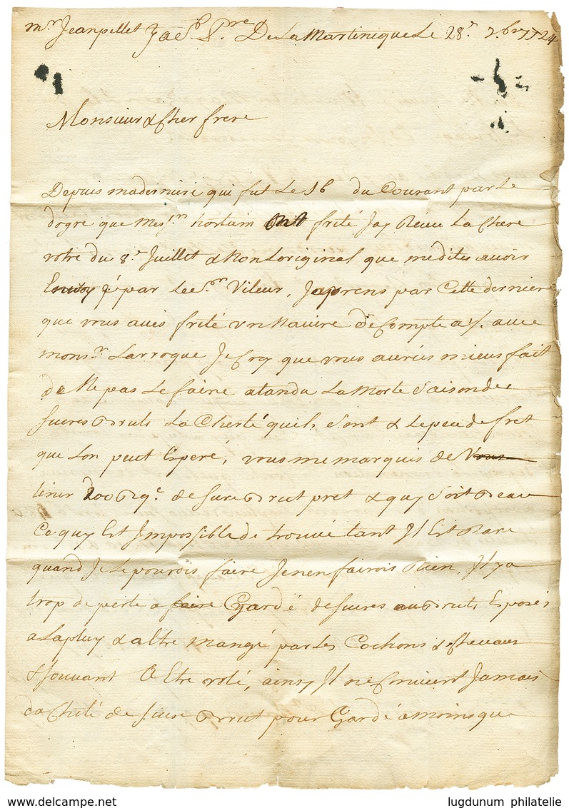 1725 DE LA ROCHELLE + "MARTINIQUE" Manuscrit Sur Lettre Avec Texte Daté "MARTINIQUE" Pour BORDEAUX. Verso, Achemineur "P - Poste Maritime