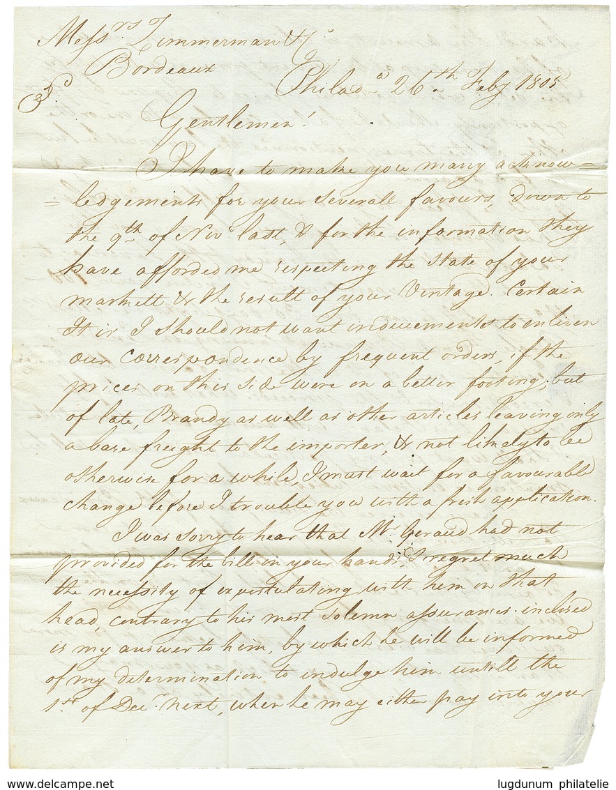 1805 POSTE MARITIME BORDEAUX Sur Lettre De PHILADELPHIA (USA) Pour BORDEAUX. Superbe Qualité. - Correo Marítimo