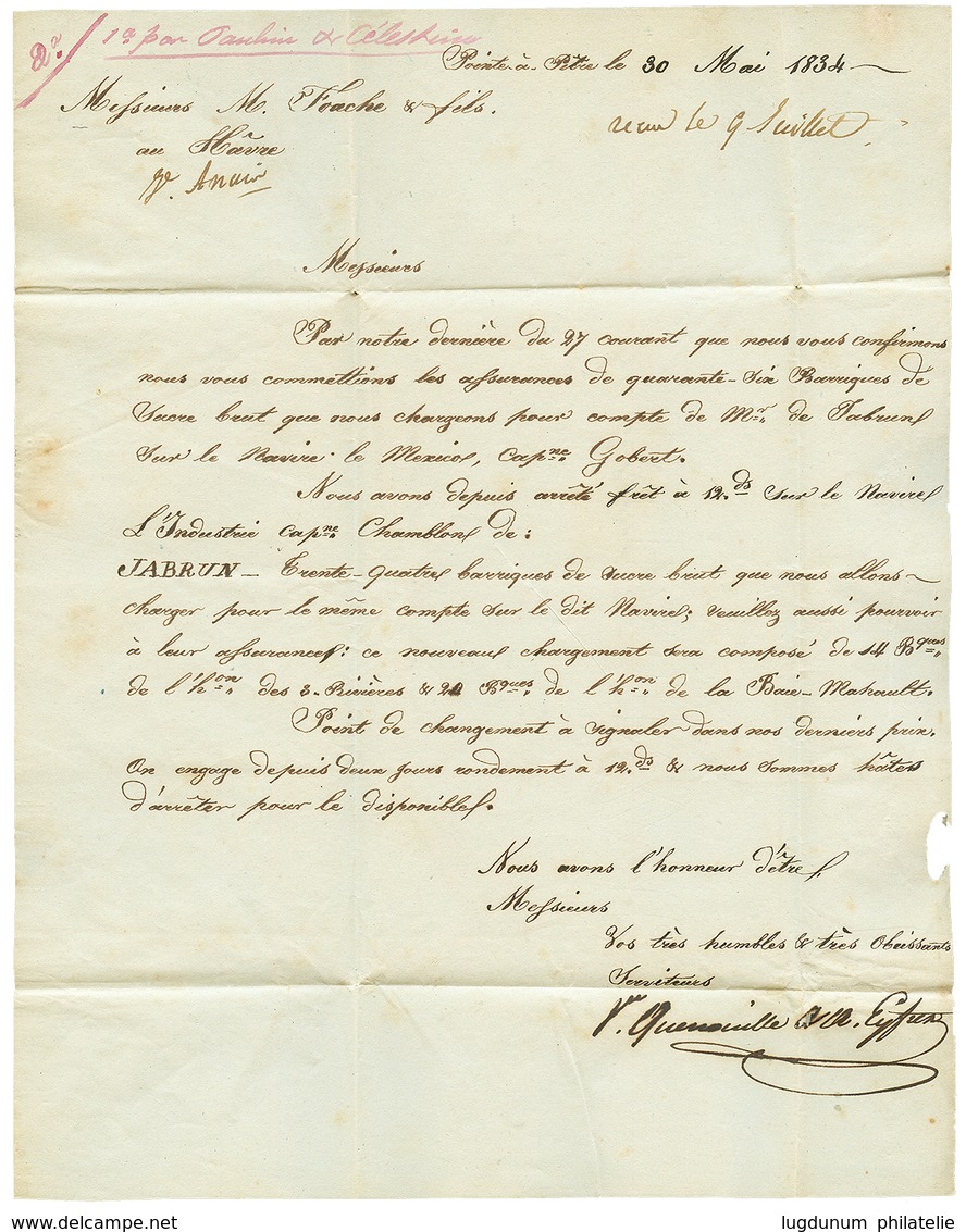 1834 Cachet Rare PAQUEBOT LA VICTOIRE/CAP. FOUET/HAVRE ET GUADELOUPE Au Verso D'une Lettre Avec Texte De POINTE-A-PITRE  - Maritieme Post