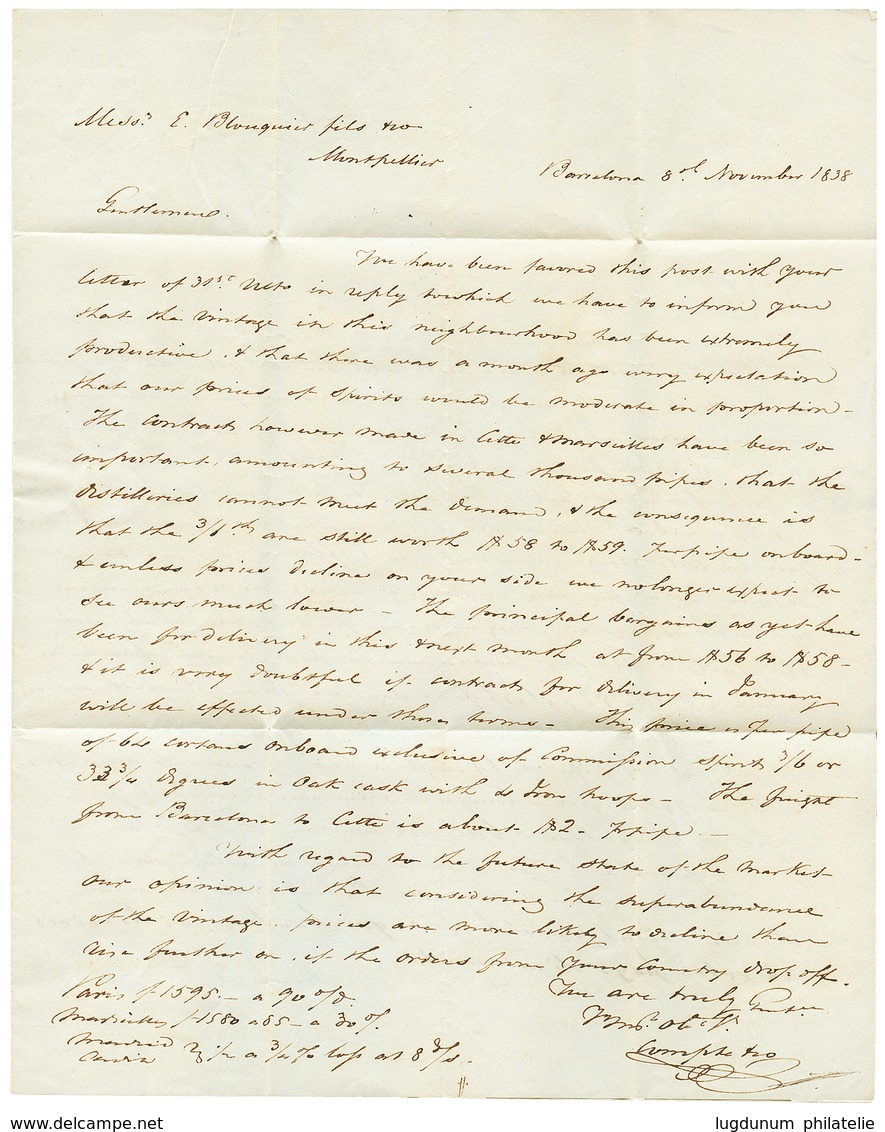 1838 PAYS D' OUTREMER PAR COLIOURE + P.P + BARCELONA/CATALUNA Rouge Sur Lettre De BARCELONNE. TTB. - Maritieme Post