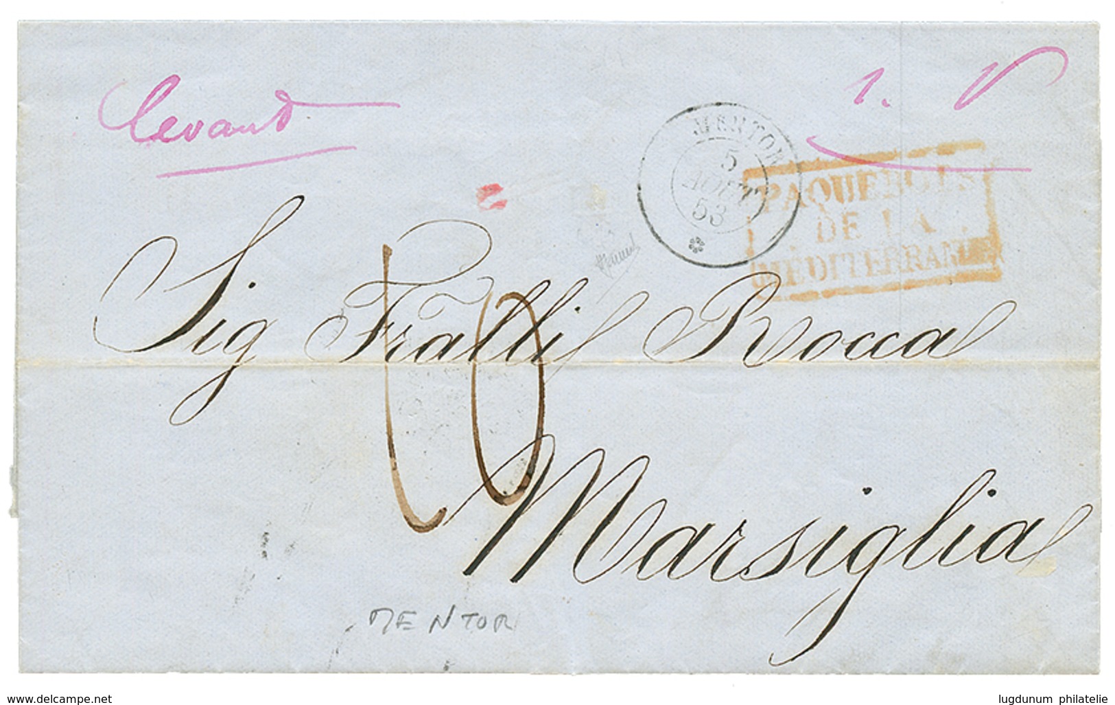 1853 Cachet Rare MENTOR + Taxe 10 Sur Lettre De CONSTANTINOPLE Pour MARSEILLE. TTB. - Correo Marítimo