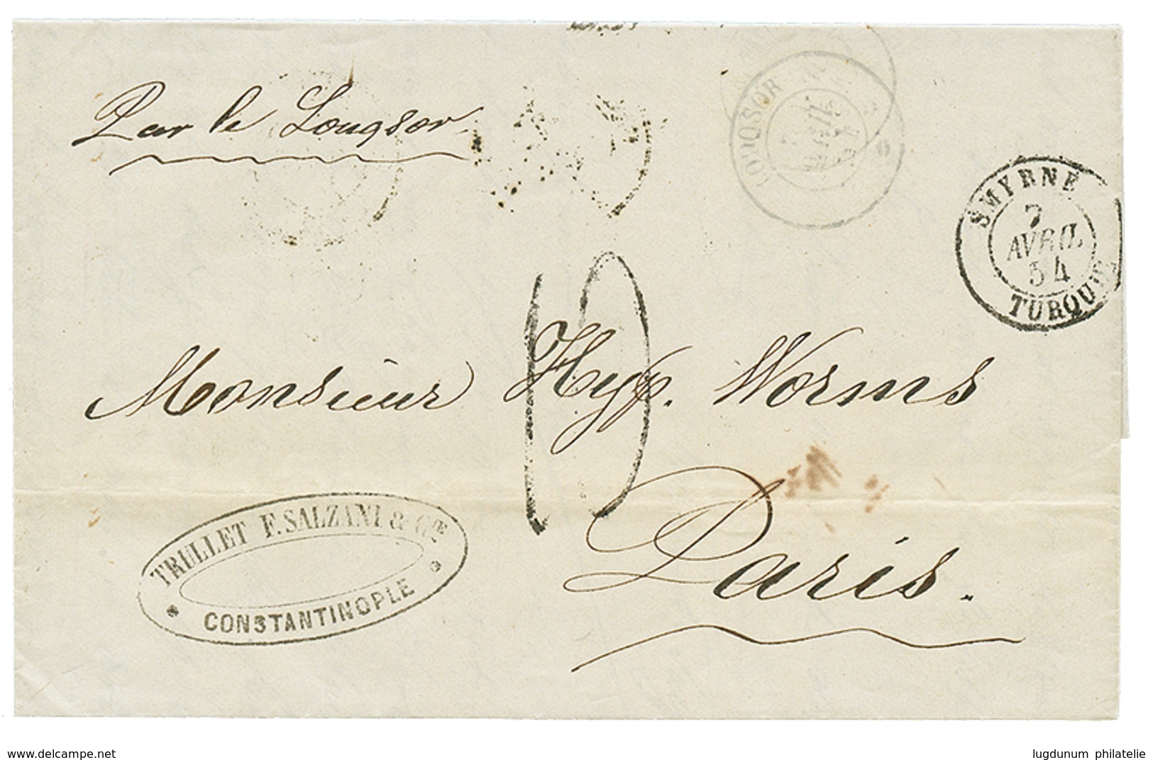 1854 LOUQSOR 7 Avril 54 + SMYRNE TURQUIE + Taxe 10 Sur Lettre De CONSTANTINOPLE Pour PARIS. TTB. - Poste Maritime