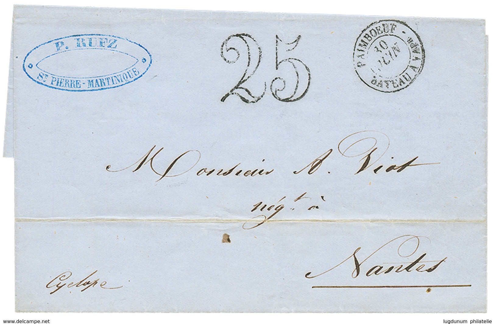 1854 PAIMBOEUF BATEAU A VAPEUR + Taxe 25 D.T + P.RUEZ ST PIERRE MARTINIQUE Sur Lettre De ST PIERRE Pour NANTES. Origine  - Posta Marittima