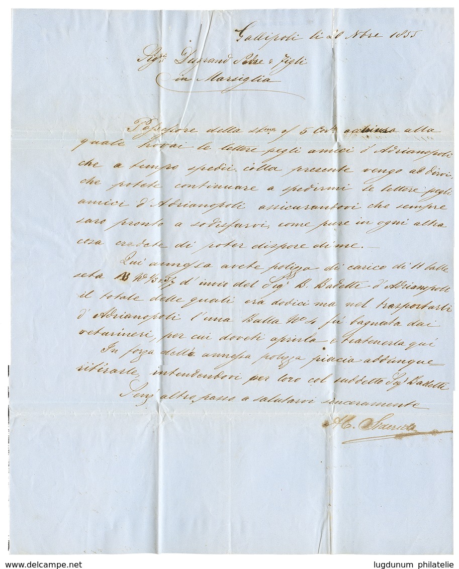 GALIPOLI Via Paquebot SIMOIS : 1855 SIMOIS + Taxe 20 Sur Lettre Avec Texte Daté "GALIPOLLI" Pour La FRANCE. Origine Rare - Poste Maritime