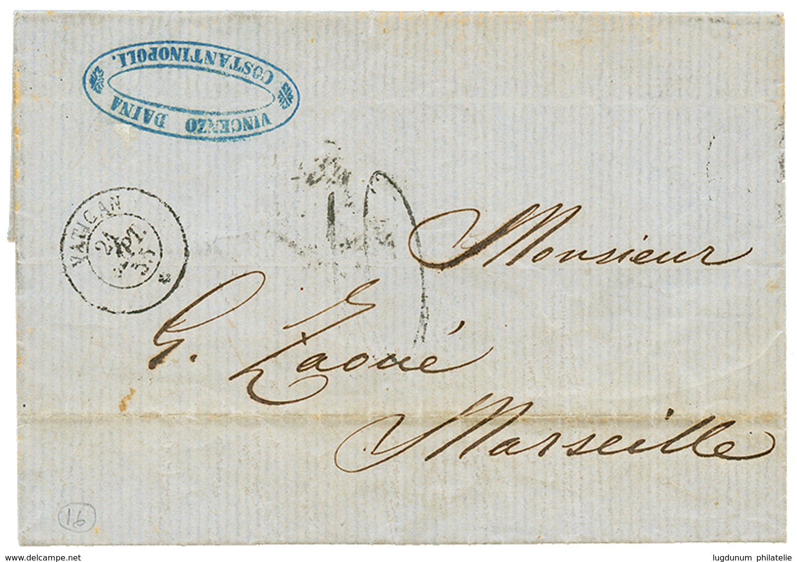 1855 VATICAN ° Taxe 10 Sur Lettre Avec Texte De CONSTANTINOPLE Pour MARSEILLE. Verso, SMYRNE. TTB. - Correo Marítimo