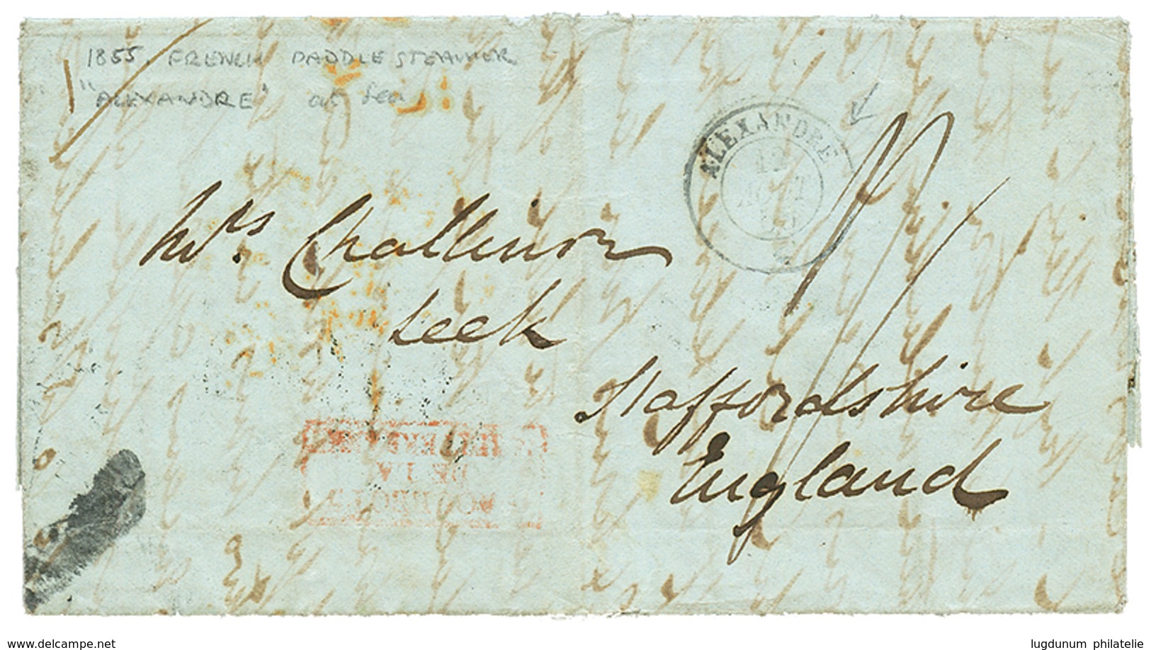 GUERRE DE CRIMEE : 1855 Cachet ALEXANDRE 12 Aout 55 + Taxe Sur Lettre Avec Texte De CONSTANTINOPLE Pour L' ANGLETERRE. T - Maritieme Post