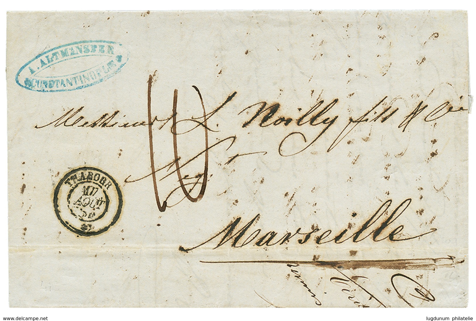 1855 THABOR 17 Aout 55 + Taxe 10 Suir Lettre Avec Texte De CONSTANTINOPLE Pour MARSEILLE. TB. - Poste Maritime