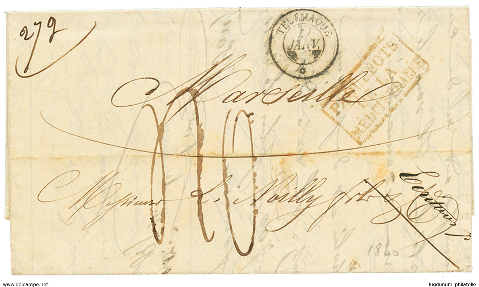 1855 TELEMAQUE + Taxe 40 (quadruple Port) Sur Lettre De CONSTANTINOPLE Pour MARSEILLE. Rare. TTB. - Correo Marítimo