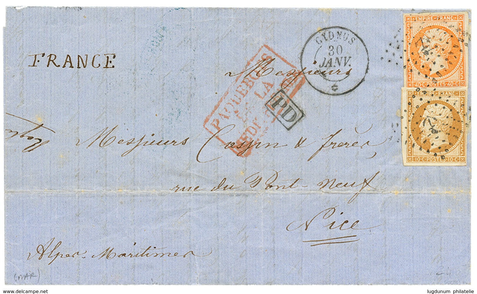 1861 10c(n°13) + 40c(n°16) TB Margés Obl. ANCRE + CYDNUS 30 Janv Sur Lettre De CONSTANTINOPLE. TTB. - Poste Maritime