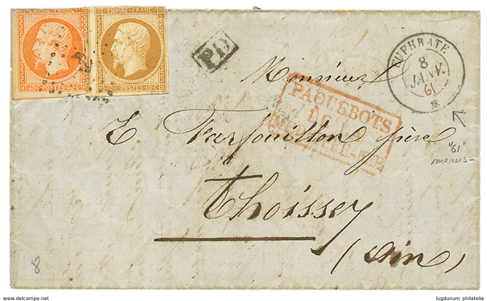 1861 10c+ 40c(pd) Obl. ANCRE + EUPHRATE 8 Janv + "61" Manuscrit (rare) Sur Lettre D' ALEXANDRIE EGYPTE Pour La FRANCE. T - Maritieme Post