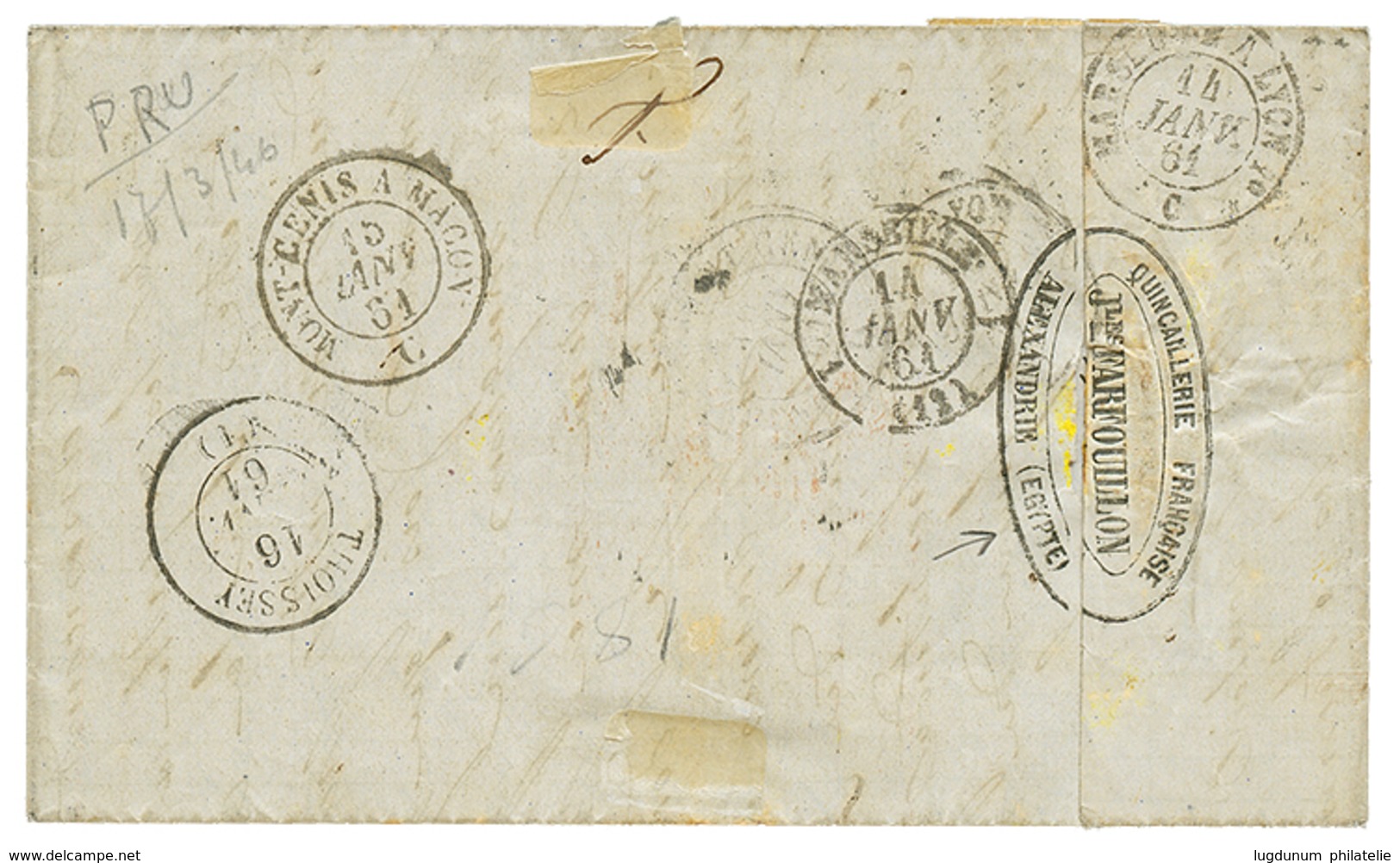 1861 10c+ 40c(pd) Obl. ANCRE + EUPHRATE 8 Janv + "61" Manuscrit (rare) Sur Lettre D' ALEXANDRIE EGYPTE Pour La FRANCE. T - Posta Marittima