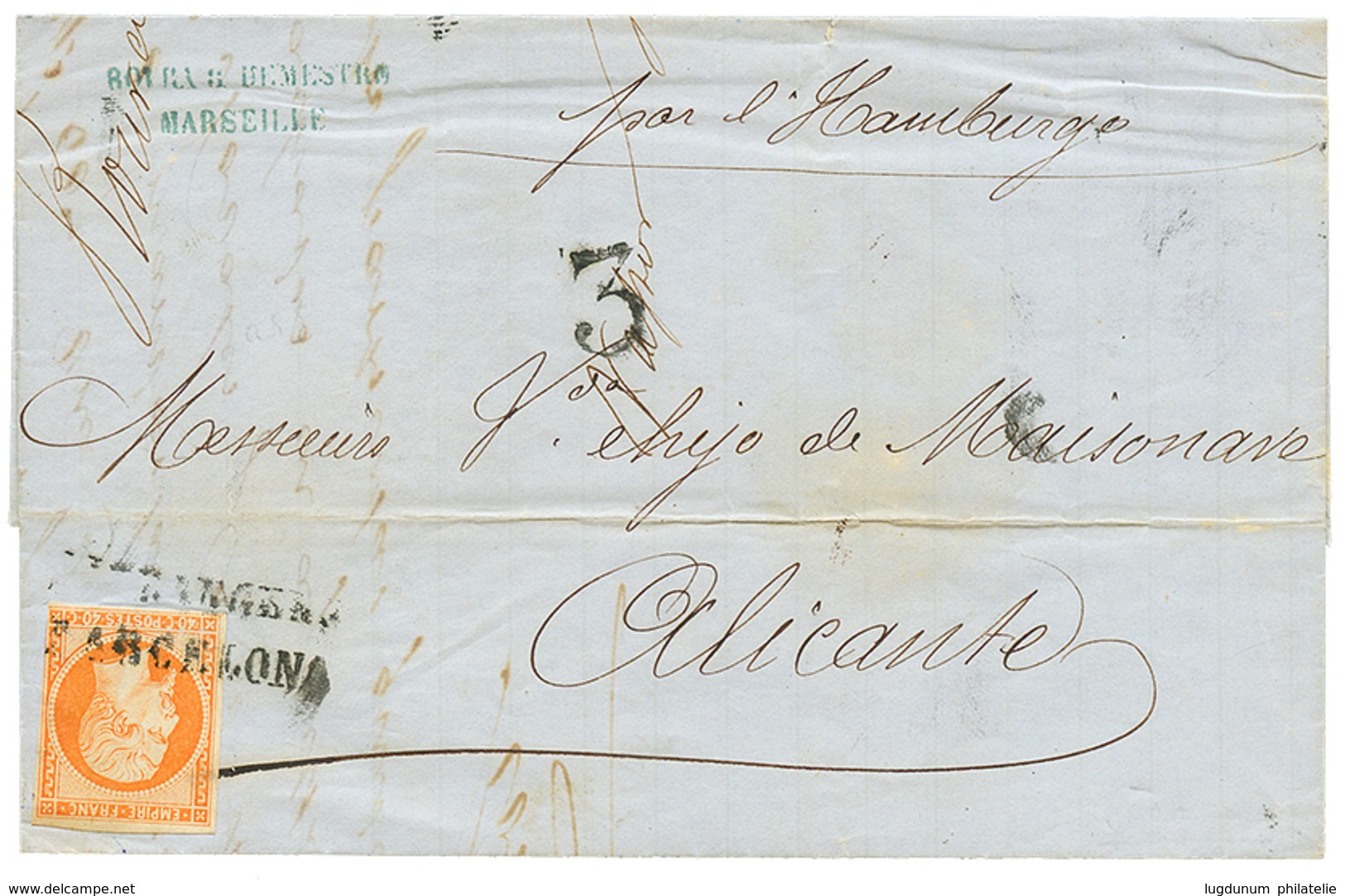 1862 40c(n°16) Obl. ESTRANGERO BARCELONA + Taxe 3 Sur Lettre De MARSEILLE Pour ALICANTE. TTB. - Posta Marittima