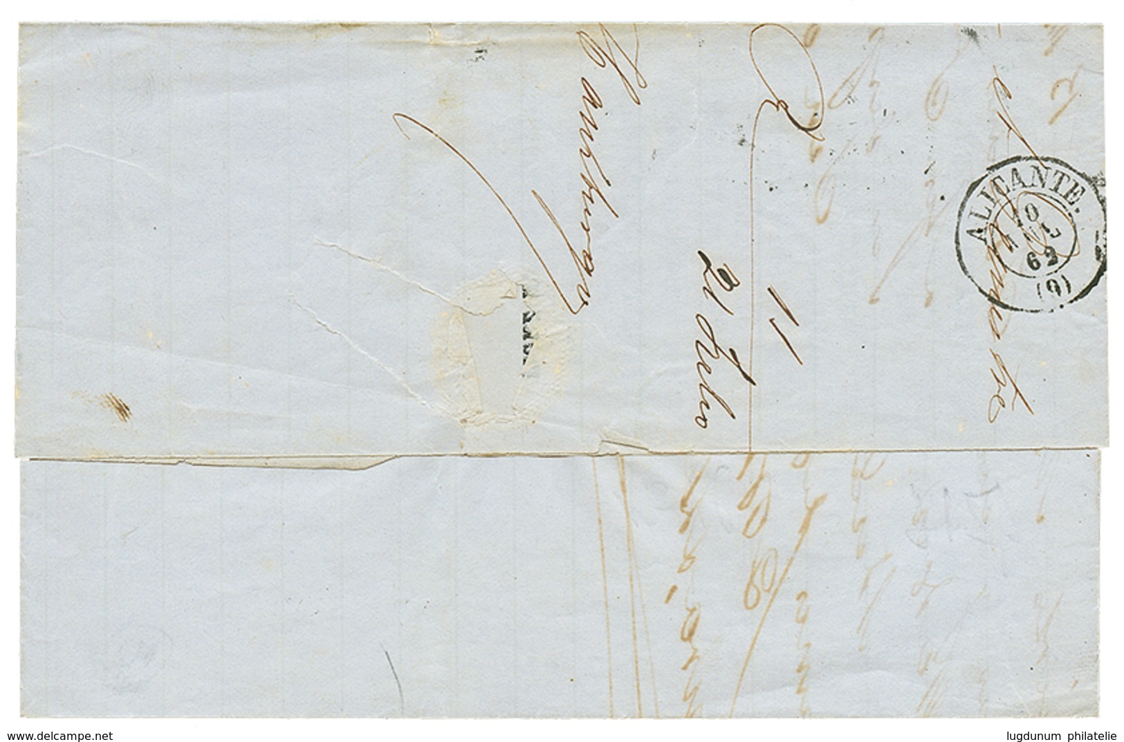 1862 40c(n°16) Obl. ESTRANGERO BARCELONA + Taxe 3 Sur Lettre De MARSEILLE Pour ALICANTE. TTB. - Poste Maritime