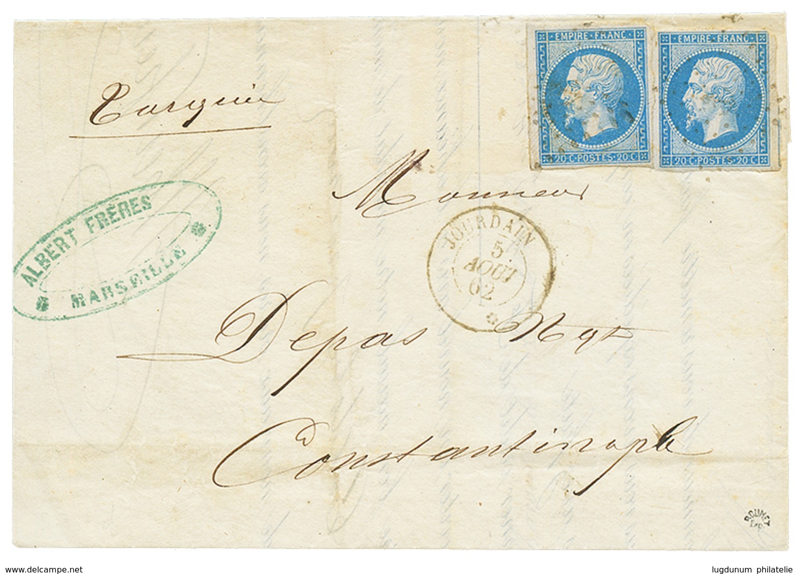 1862 20c(n°14)x2 Obl. ANCRE + JOURDAIN 5 Aout 62 Sur Lettre Pour CONSTANTINOPLE. TB. - Correo Marítimo