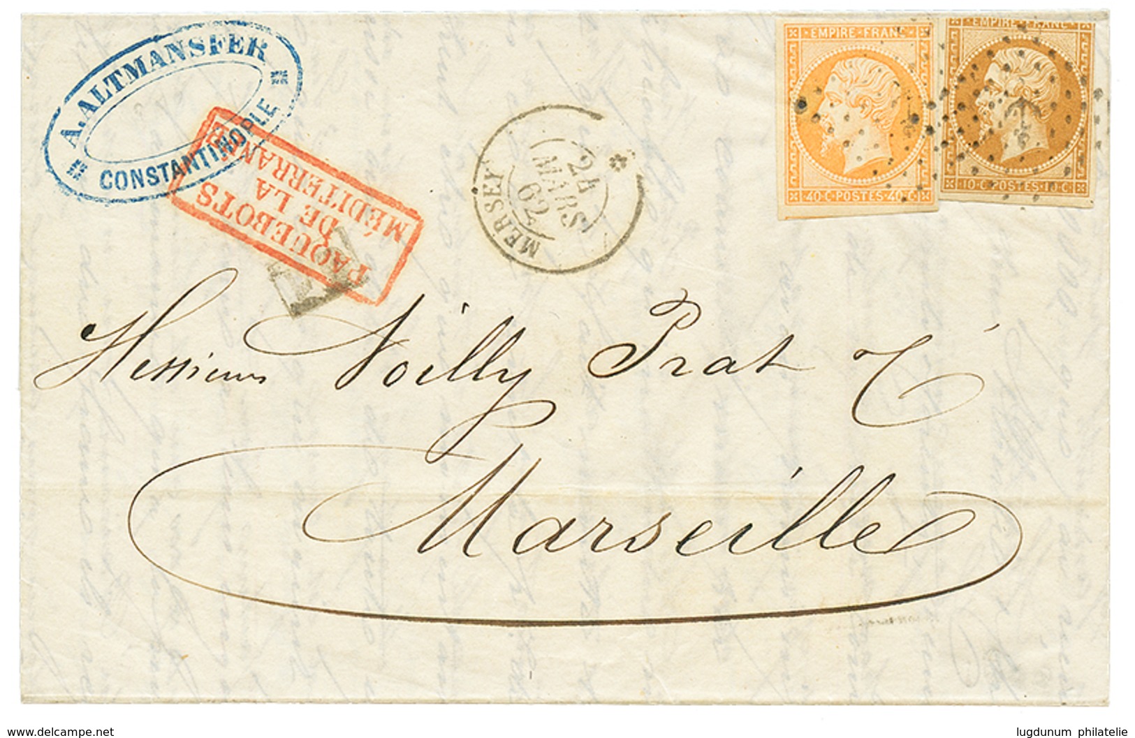 1862 10c(n°13) Pd+ 40c(n°16) Obl. ANCRE + MERSEY 24 Mars 62 Sur Lettre De CONSTANTINOPLE. TTB. - Correo Marítimo