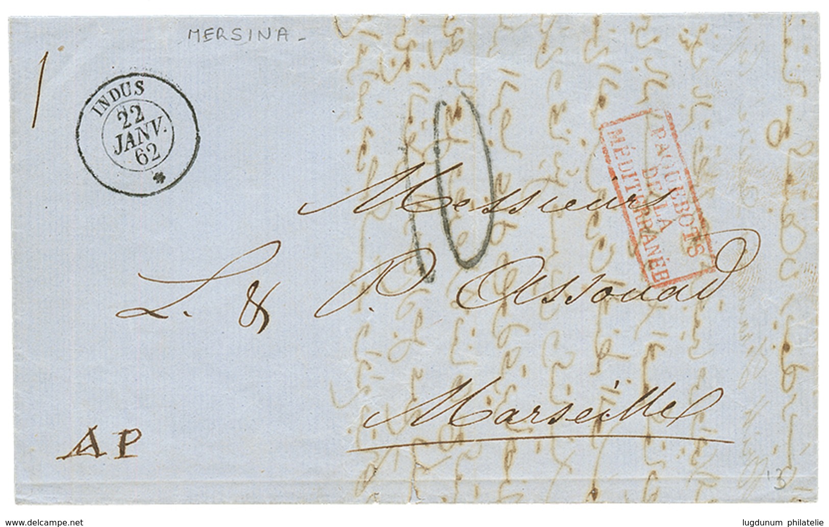 "MERSINA " : 1862 Cachet INDUS 22 Janv 62 + Taxe 10 Sur Lettre Avec Texte De MERSINA. RARE. Superbe. - Correo Marítimo