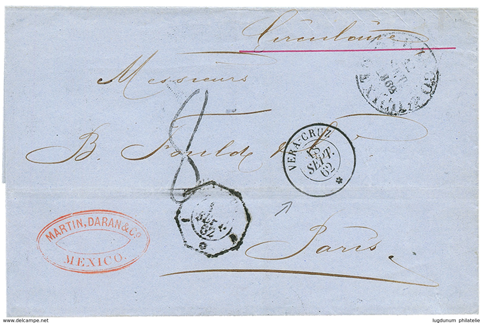 1862 Cachet Rare Du Paquebot VERA-CRUZ + Taxe 8 Sur Lettre De MEXICO Pour PARIS. Cote 1200€. TTB. - Maritieme Post