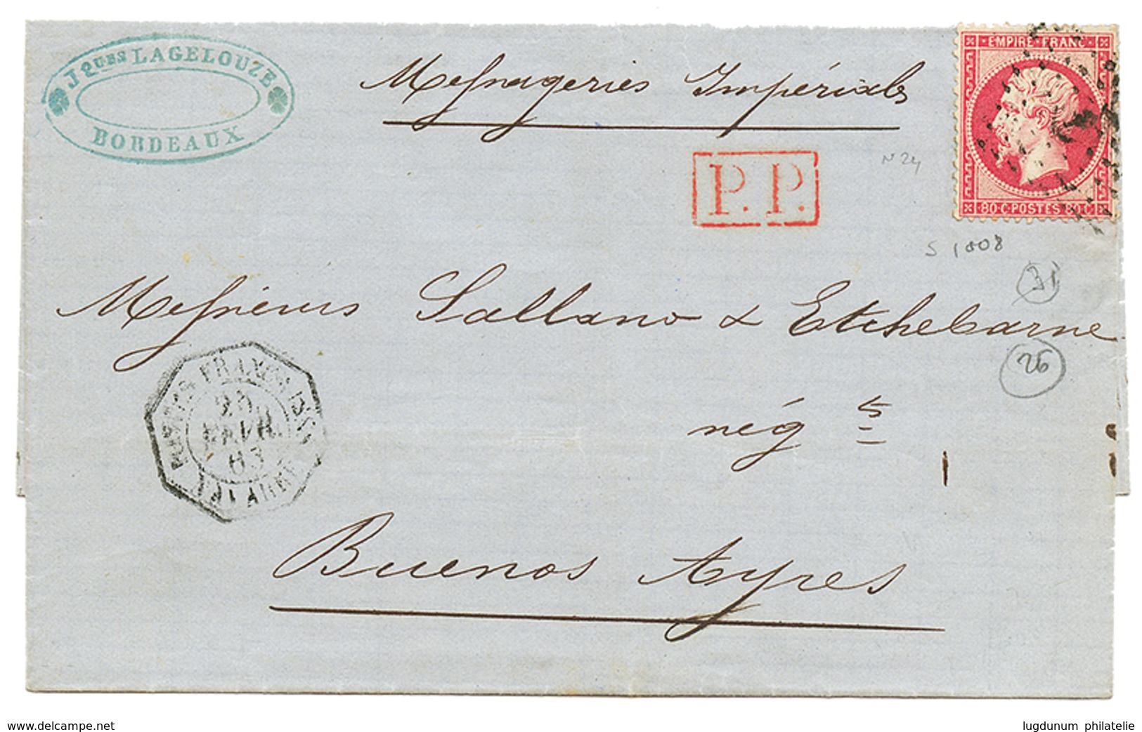 1863 80c(n°24) Obl. ANCRE + Cachet Rare POSTES FRANCAISES NAVARRE Sur Lettre Pour L' ARGENTINE. TB. - Posta Marittima
