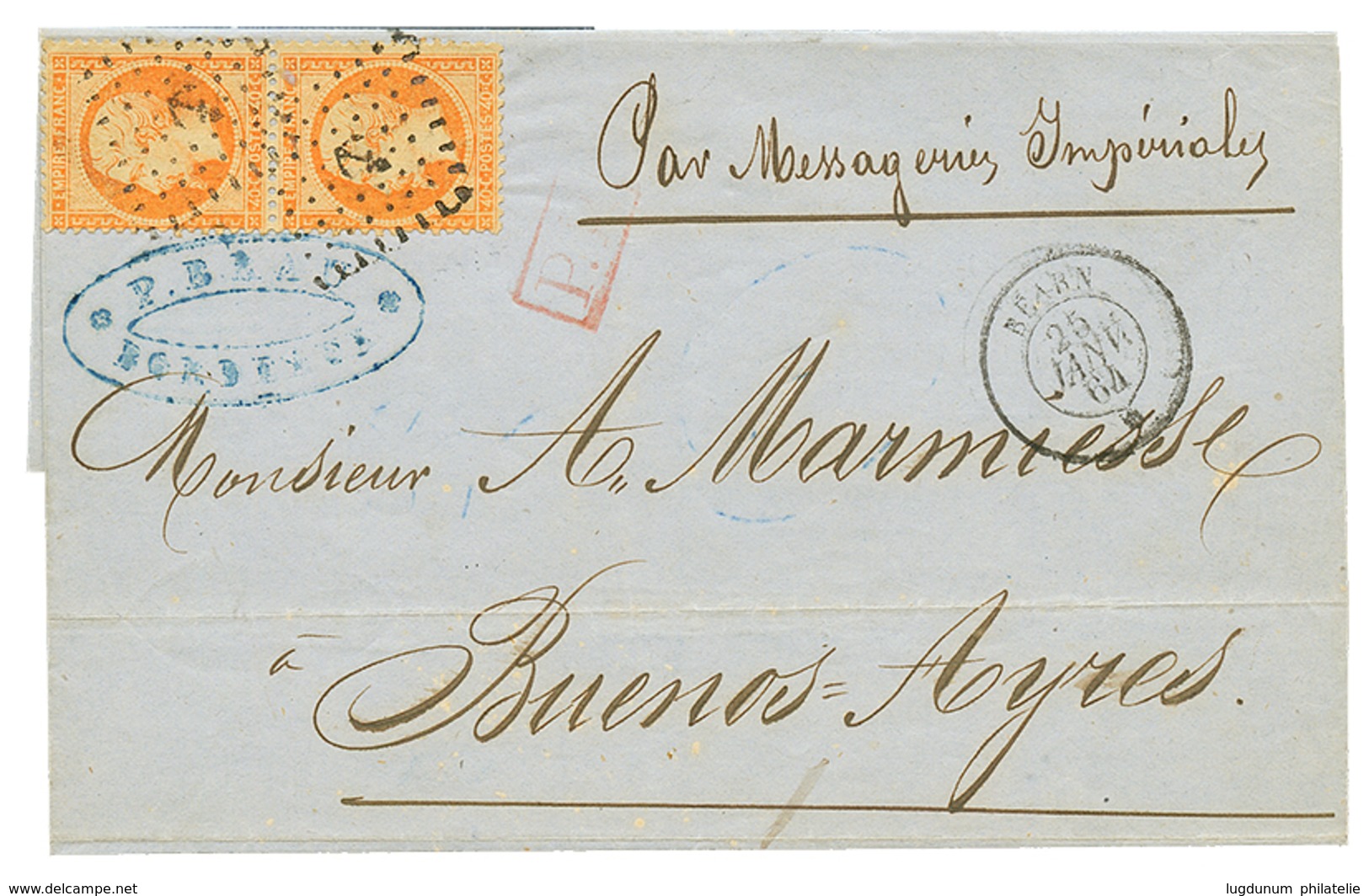 1864 Paire 40c(n°23) Obl. ANCRE + Trés Rare Cachet BEARN 25 Janv 64 Sur Lettre (1 Rabat Absent) De BORDEAUX Pour BUENOS- - Posta Marittima