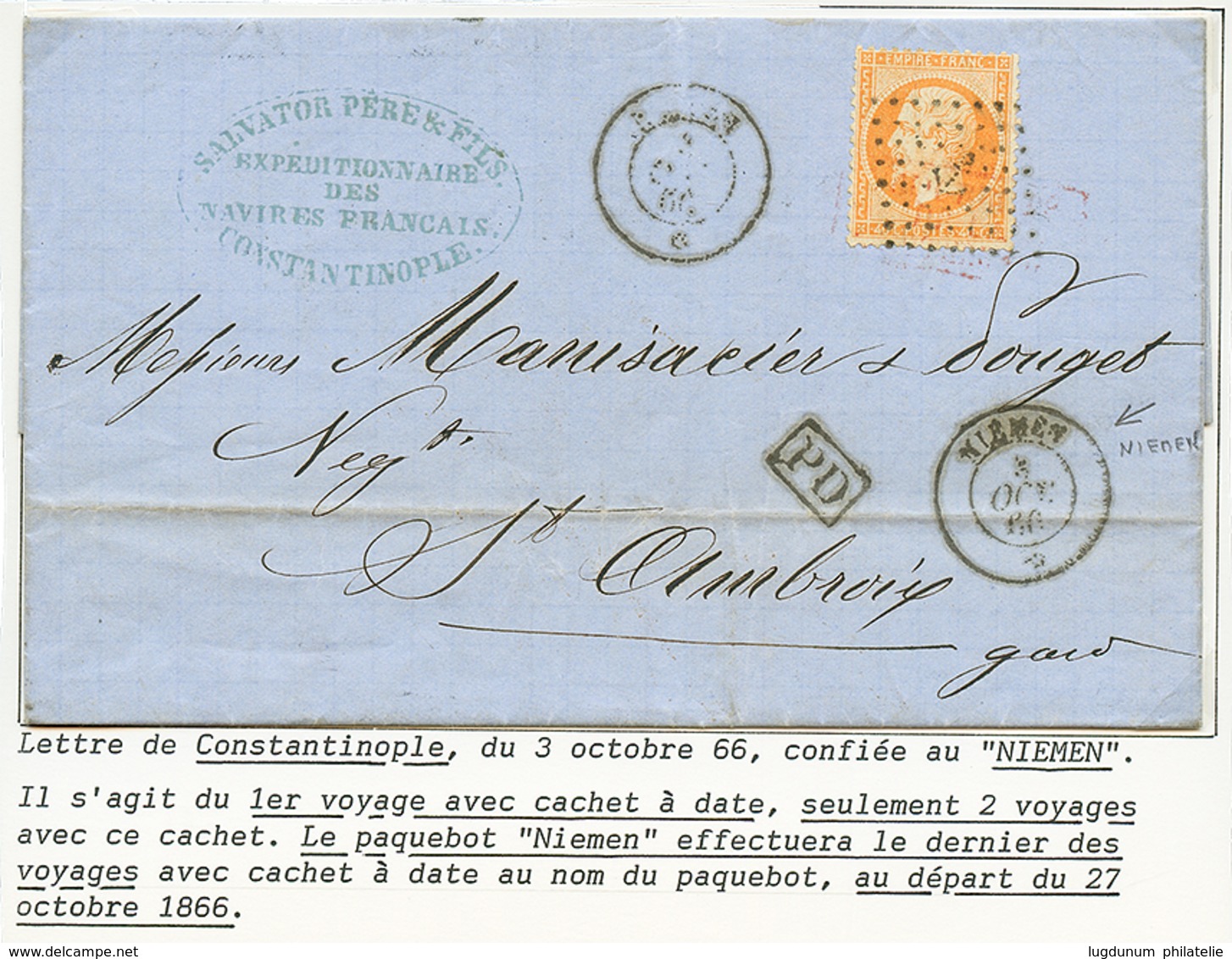 "NIEMEN" : 1866 40c(n°23) Obl. ANCRE + NIEMEN 3 Oct 66 Sur Lettre De CONSTANTINOPLE Pour La FRANCE. Paquebot RARE. TB. - Poste Maritime