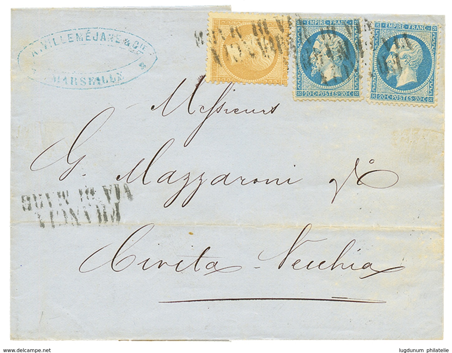 1867 10c(n°21) + 20c(n°22)x2 Obl. FRANCIA VIA DI MARE Sur Lettre Pour CIVITA-VECCHIA. TB. - Poste Maritime