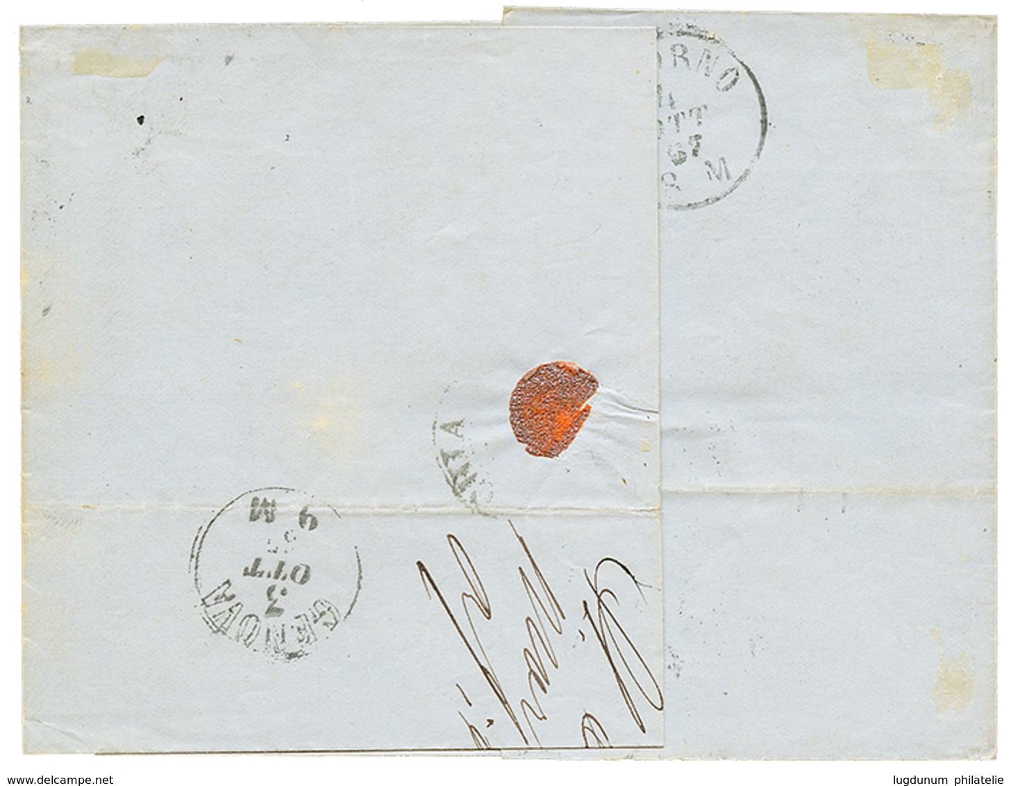 1867 10c(n°21) + 20c(n°22)x2 Obl. FRANCIA VIA DI MARE Sur Lettre Pour CIVITA-VECCHIA. TB. - Poste Maritime