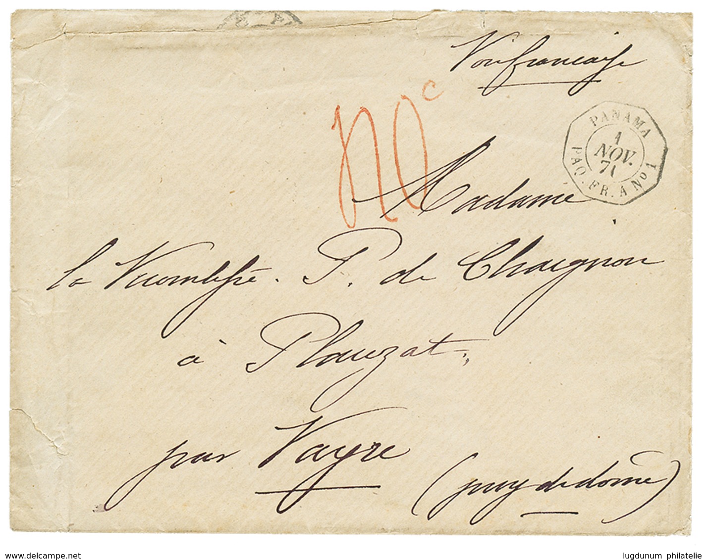 1871 PANAMA PAQ FR. A N°1 + Taxe 40c Rouge (rare) Sur Enveloppe Avec Texte De VALPARAISO Pour La FRANCE. Combinaison Tré - Correo Marítimo