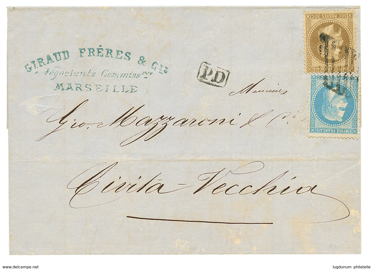 1870 20c+ 30c Obl. GRILLE Italienne Sur Lettre De MARSEILLE Pour CIVITA-VECCHIA. TB. - Poste Maritime