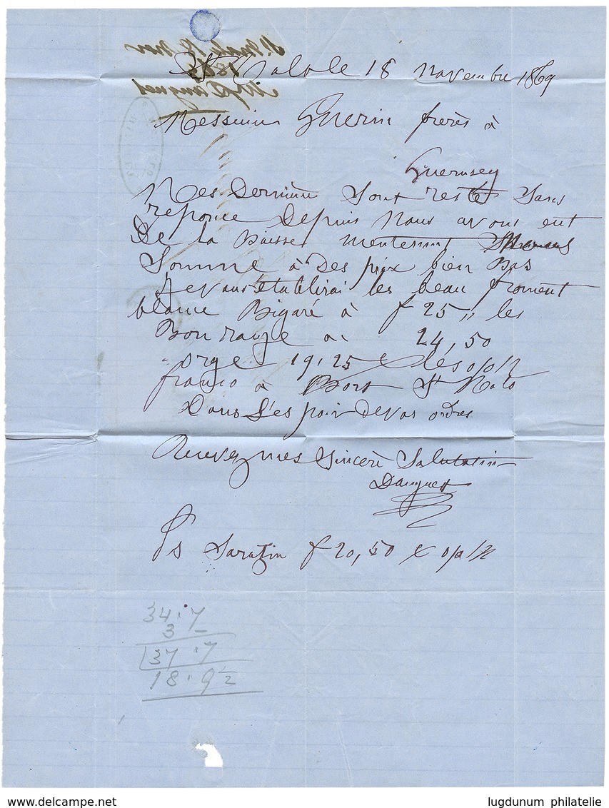 "BOITE MOBILE" : 1869 FRANCE 20c(n°29)x2 Obl. Killer 324 + GUERNESEY Sur Lettre Avec Texte De ST MALO Pour GUERNESEY. RA - Poste Maritime