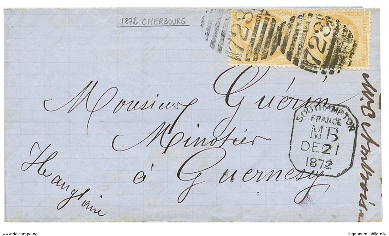 "BOITE MOBILE De CHERBOURG" : 1872 FRANCE Paire 15c CERES (1 Ex. Pd) Obl. Killer Anglais 723 + SOUTHAMPTON/FRANCE/M.B Su - Poste Maritime