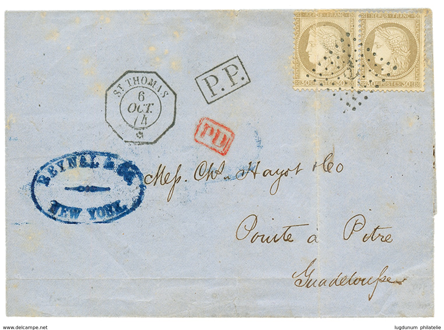 1874 Paire 30c CERES( 1ex. Pli) Obl. ANCRE + ST THOMAS Sur Lettre De NEW YORK Pour LA GUADELOUPE. TB. - Maritieme Post