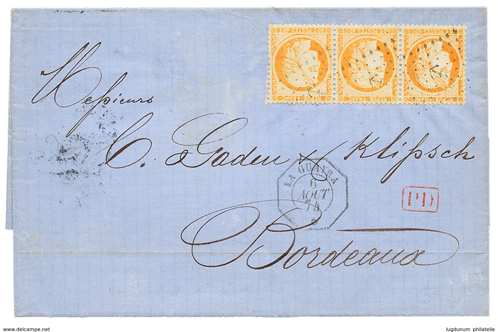 1874 40c SIEGE Bande De 3 Obl. ANCRE + LA GUAYRA Sur Lettre Avec Texte Pour BORDEAUX. TTB. - Poste Maritime