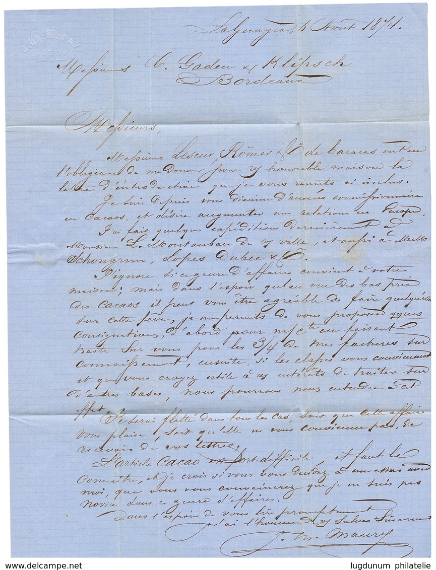 1874 40c SIEGE Bande De 3 Obl. ANCRE + LA GUAYRA Sur Lettre Avec Texte Pour BORDEAUX. TTB. - Poste Maritime