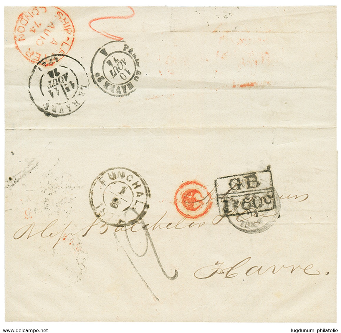 1874 GB/1F60 + FUNCHAL + Taxe 12 Sur Lettre Pour La FRANCE. Verso, SHIP LETTER LONDON. TTB. - Poste Maritime