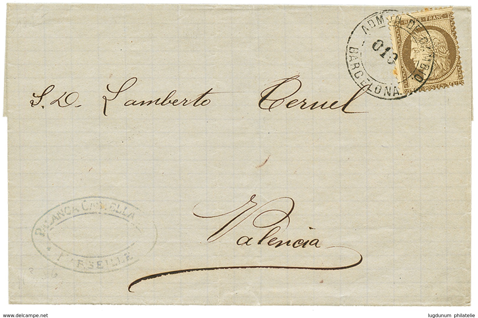 1876 30c CERES Obl. ADMON DE CAMBIO BARCELONA Sur Lettre De MARSEILLE Pour VALENCIA. TB. - Poste Maritime