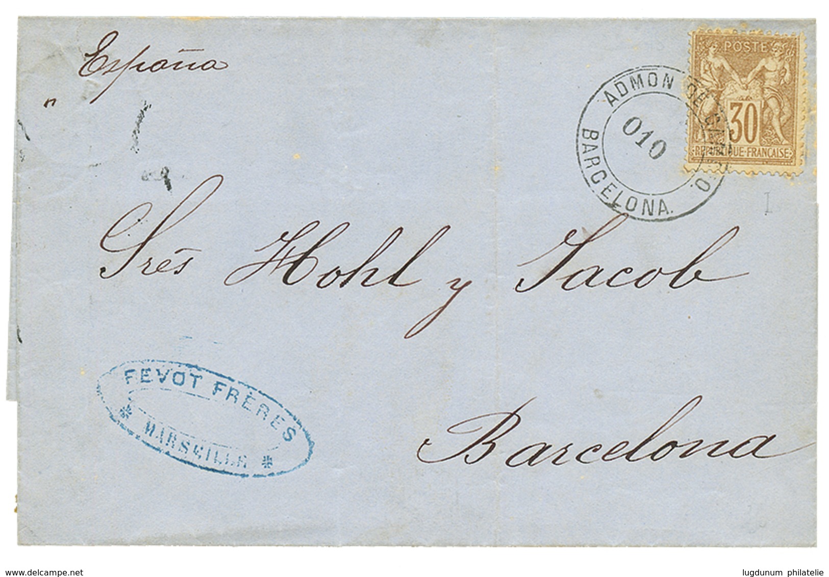 1877 30c SAGE Obl. ADMON DE CAMBIO BARCELONA Sur Lettre De MARSEILLE Pour BARCELONE. TB. - Poste Maritime