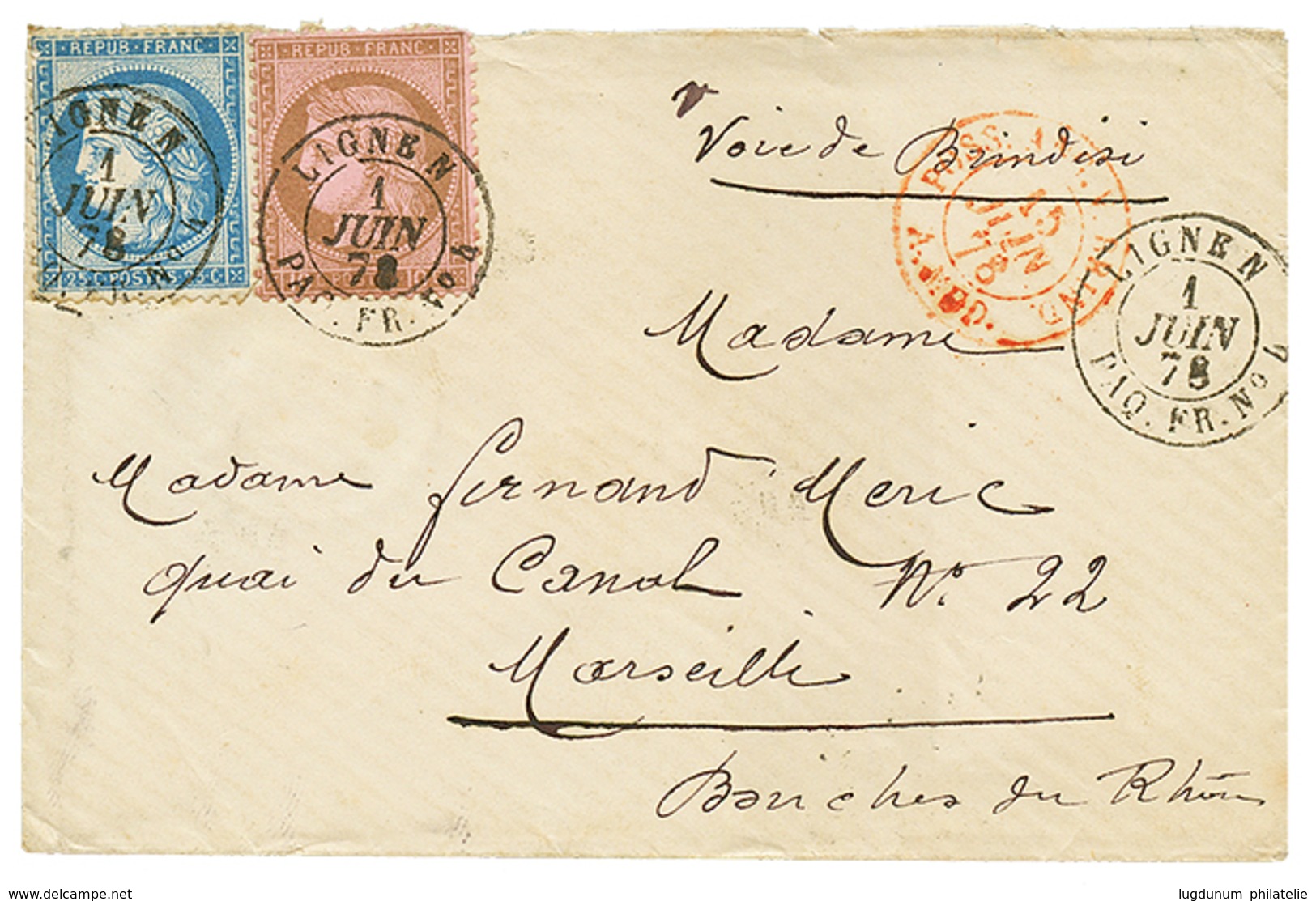 "Escale D' ADEN" : 1878 CERES 10c + 25c Obl. LIGNE N PAQ FR N°4 + ADEN (verso) Sur Env. Pour MARSEILLE. TTB. - Poste Maritime