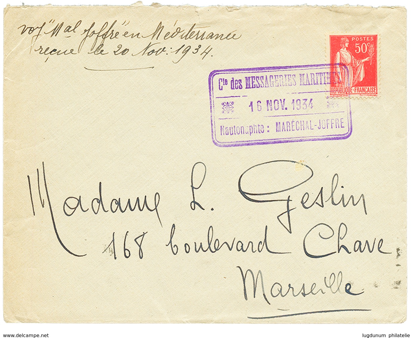 1934 50c PAIX Obl. MESSAGERIES MARITIME/ NAUTONAPHTE MARECHAL JOFFRE Sur Env. D' ISTANBUL. TTB. - Poste Maritime