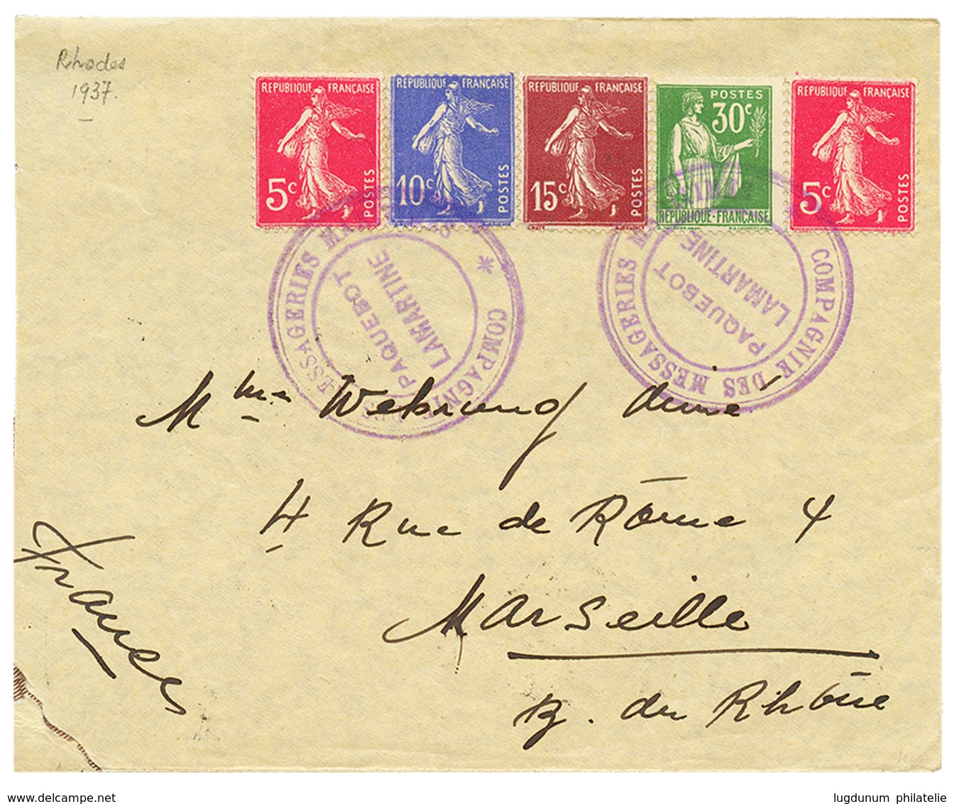 1937 5c(x2) + 10c+ 15c+ 30c Obl. PAQUEBOT LAMARTINE Sur Enveloppe De RHODES Pour MARSEILLE. TTB. - Maritieme Post